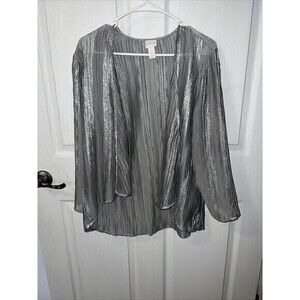 Chicos Womens Size 1 Open Front Cardigan Silver Metallic Polyester- Great‎ Cond